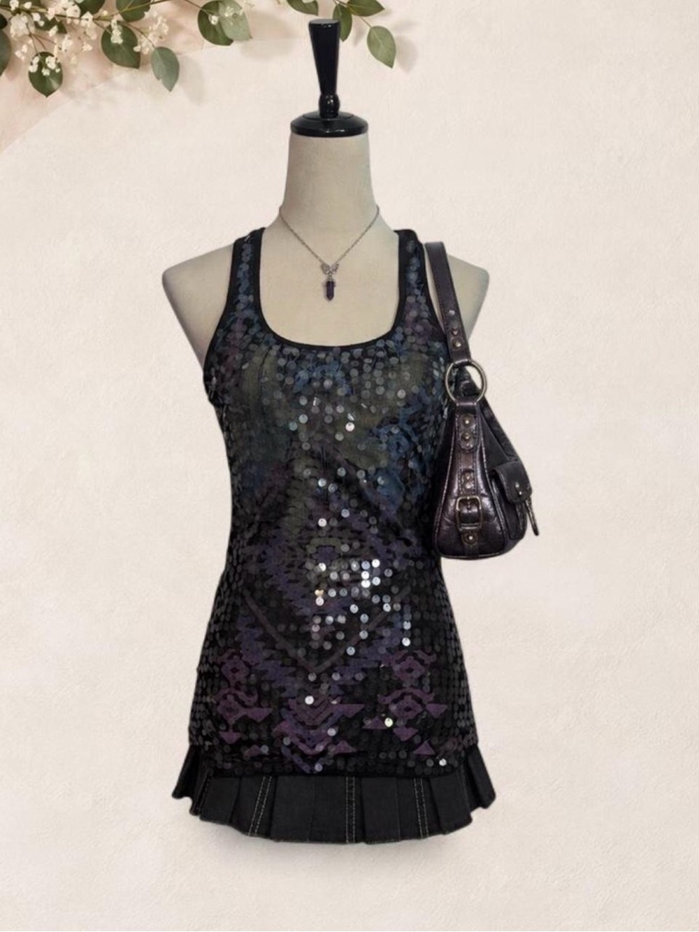 No Boundaries Sequin Racerback Tank Top Black Purple Size Small